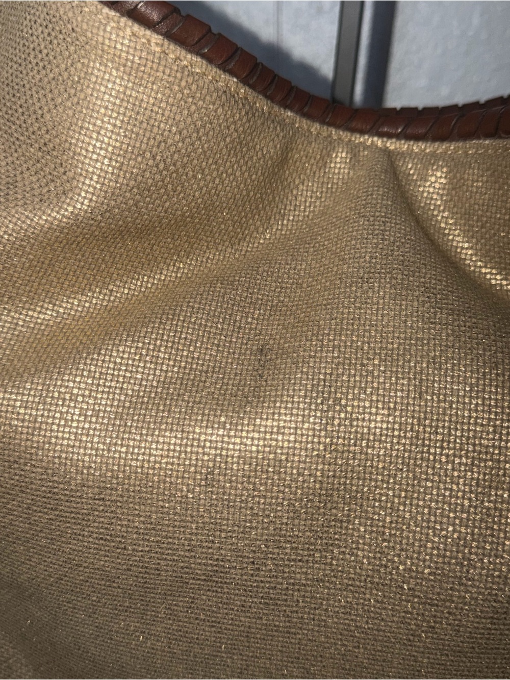 Michael Michael Kors Gold Metallic Canvas Hobo Bag Brown Whipstitch Leather Trim - Picture 5 of 14